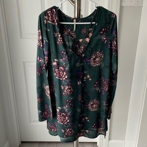 Free People Dark Green and Purple Floral Blouse